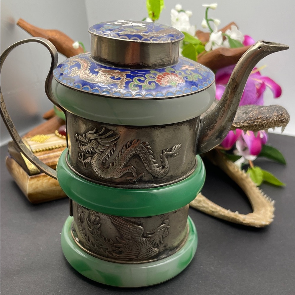Teapot antique with jade glass and cloisonné